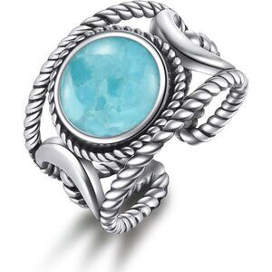 Women Moon 925 Sterling Silver Turquoise Adjustable Triple Moon Braided Ring
